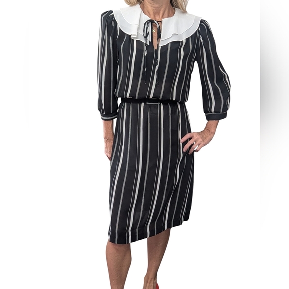 Vintage 80s Striped Dress Peter Pan Collar Wednesday Addams Dark Academia - Picture 14 of 15